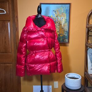 Lands End Women's Sz M Wrap Down Jacket Puffer Winter Coat Holiday Christmas Red